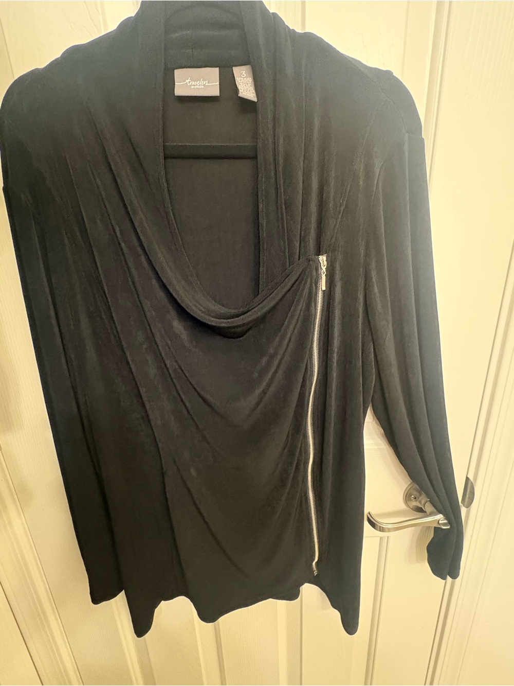Chico's Travelers 3 Black Draped Cardigan Style with Zipper Accent